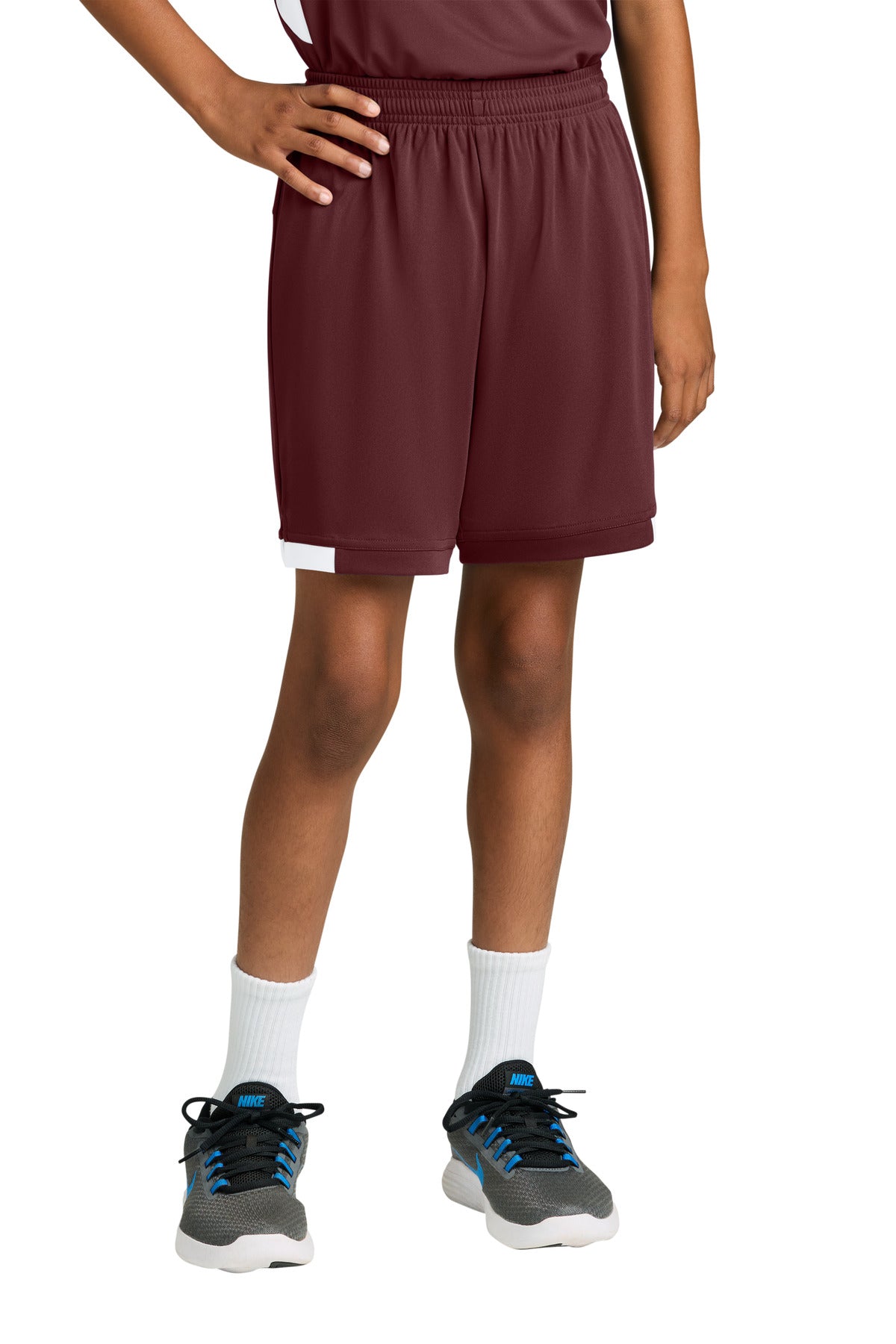 Sport-Tek Youth Club 5 Short - Maroon/ White - front