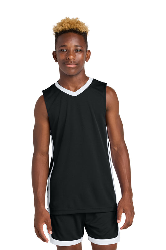 Sport-Tek Youth Rival Basketball Rev Jersey - Black/ White - front