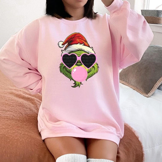 Grinch Sweatshirt | Christmas Bubblegum Grinch Graphic | Santa Hat Grinch Pullover | Funny Christmas Sweater | Holiday Graphic Sweatshirt