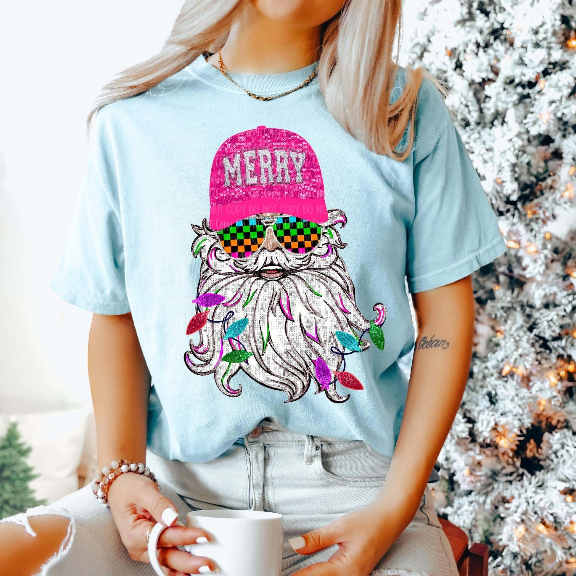 Retro Santa T-Shirt - Merry Christmas Graphic Tee with Santa Wearing Sunglasses and Hat - Colorful Christmas Lights Holiday Shirt