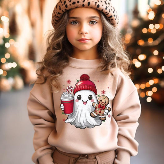 Kids Christmas Ghost Sweatshirt | Cute Ghost with Red Beanie Sweatshirt | Holiday Ghost Drinking Frappe & Gingerbread Man