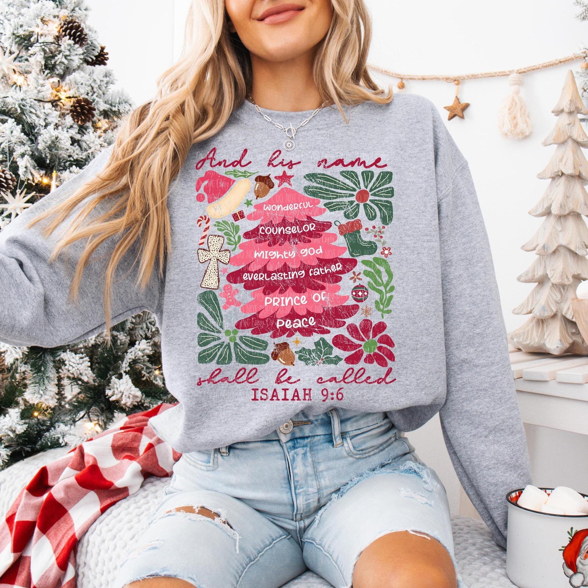 Christian Christmas Shirt | Wonderful Counselor Isaiah 9:6 Graphic T-Shirt, Hoodie, Sweatshirt | Pink Christmas Tree & Cross Design