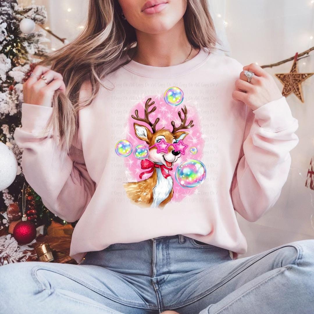 Reindeer Bubbles Christmas Sweatshirt or Hoodie – Cute Reindeer with Stars & Colorful Bubbles Graphic – Holiday Sweater for Women