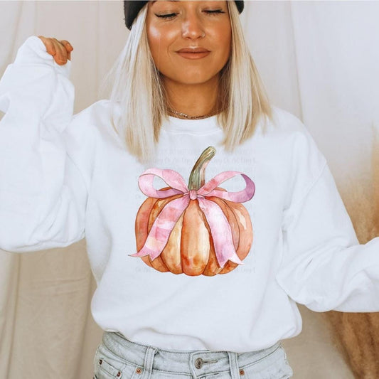 Pumpkin with Pink Bow Sweatshirt, Cute Fall Tee, Autumn Fashion, Feminine Pumpkin Shirt