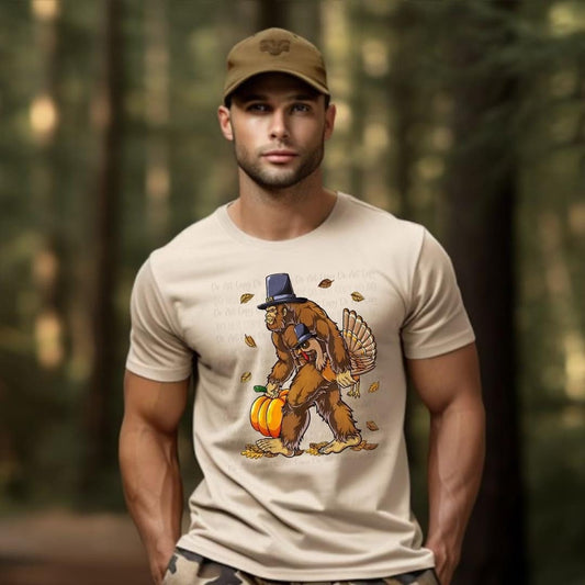 Bigfoot Thanksgiving Tee – Sasquatch with Pumpkin & Turkey Graphic