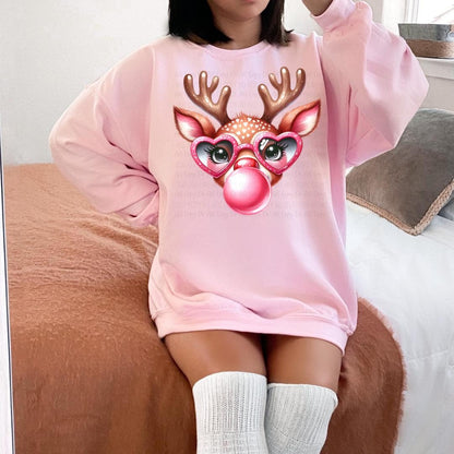 Reindeer Blowing Bubblegum Sweatshirt – Cute Christmas Hoodie – Fun Holiday Reindeer Graphic – Cozy Winter Apparel