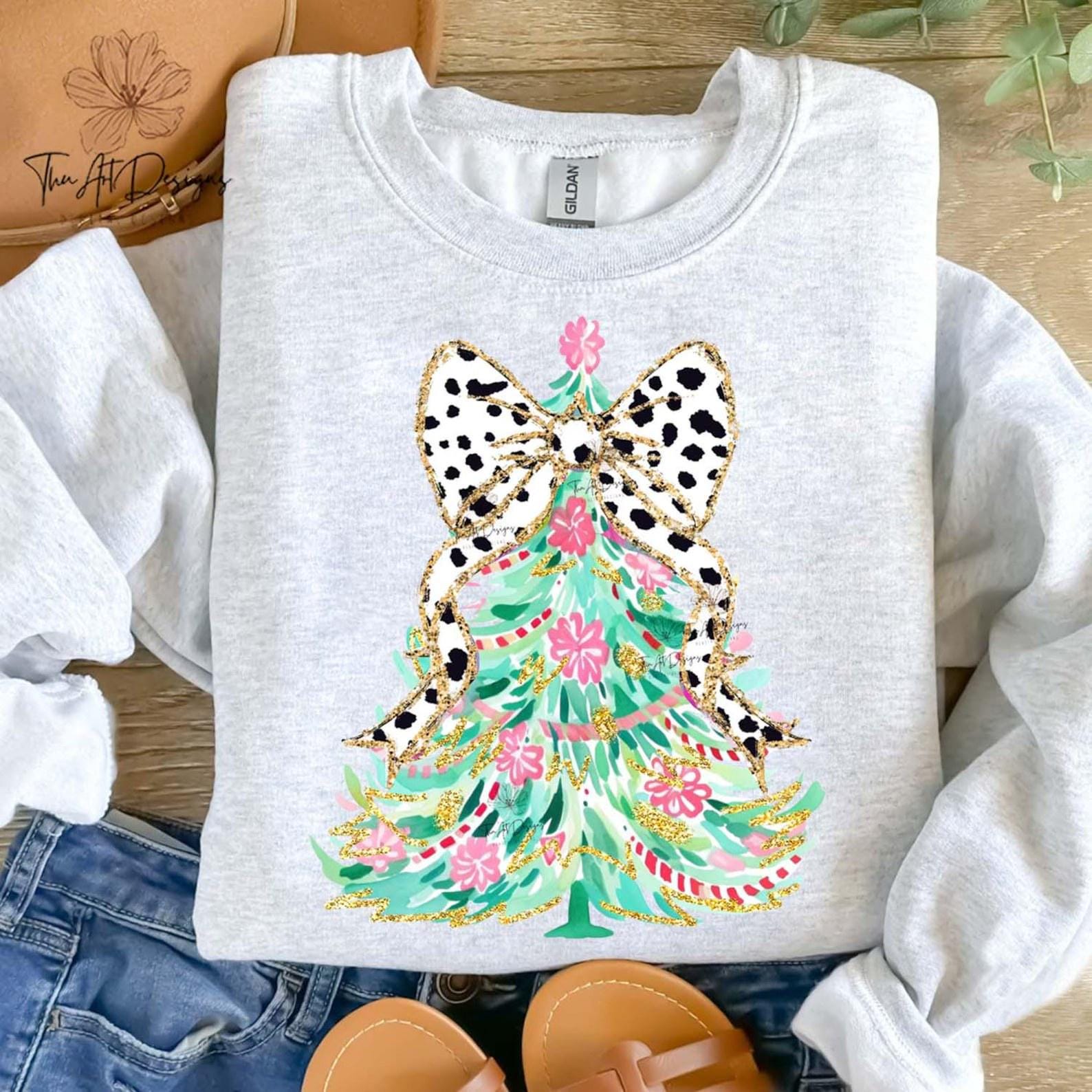 Christmas Tree Hoodie with Floral Design & Polka Dot Bow | Holiday Sweatshirt | Cute Christmas Tree Hoodie for Women