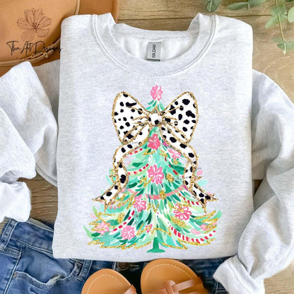 Christmas Tree Hoodie with Floral Design & Polka Dot Bow | Holiday Sweatshirt | Cute Christmas Tree Hoodie for Women