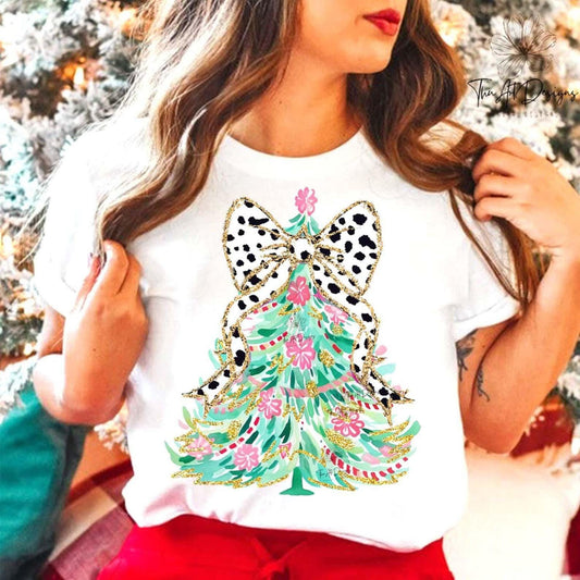 Christmas Tree Hoodie with Floral Design & Polka Dot Bow | Holiday Sweatshirt | Cute Christmas Tree Hoodie for Women