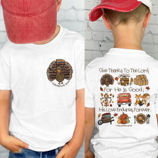 Kids Thanksgiving Sweatshirt with 1 Chronicles 16:34 | Fall Christian Sweatshirt | Give Thanks to the Lord Bible Verse Shirt