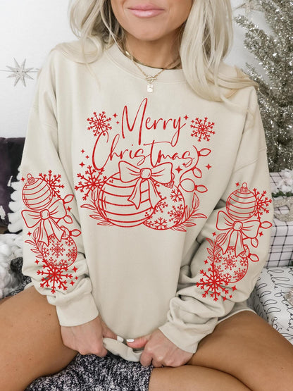 Merry Christmas Sweatshirt or Hoodie | Snowflakes and Christmas Balls Design on Sleeves | Holiday Gift
