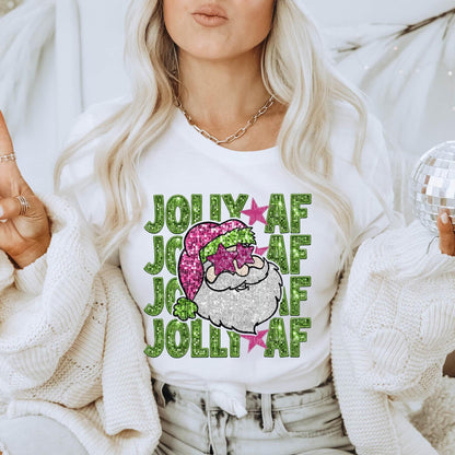 Jolly AF Santa Christmas Sweatshirt or Hoodie - Sparkly Glitter Graphic Holiday Top - Funny Christmas Sweater for Women