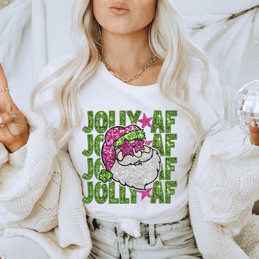 Jolly AF Santa Christmas Sweatshirt or Hoodie - Sparkly Glitter Graphic Holiday Top - Funny Christmas Sweater for Women
