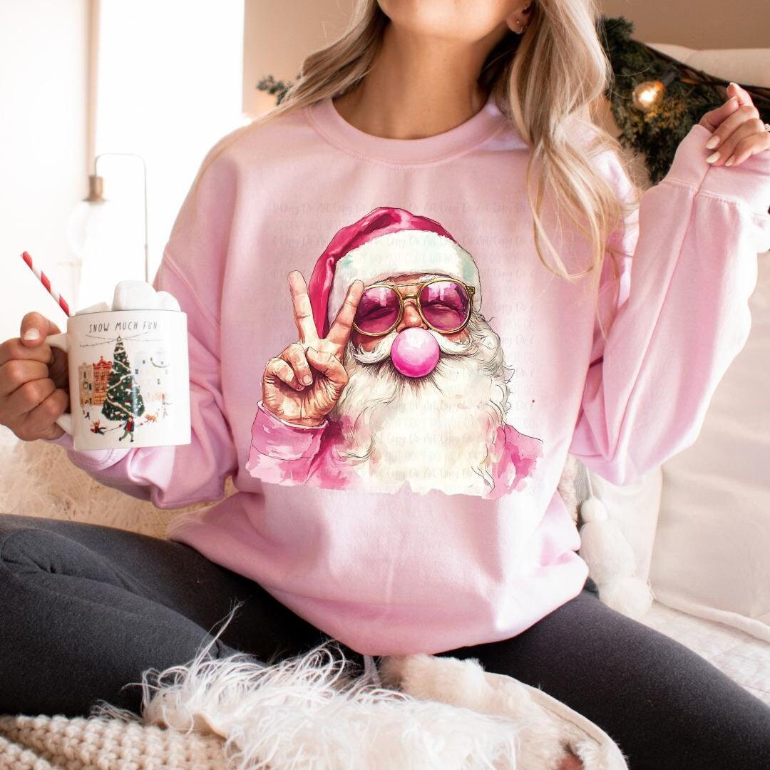 Santa Peace Sign & Bubblegum Graphic Sweatshirt or Hoodie – Trendy Pink Bubblegum Santa Christmas Sweater for Women