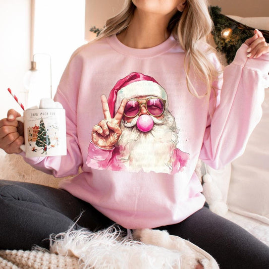 Santa Peace Sign & Bubblegum Graphic Sweatshirt or Hoodie – Trendy Pink Bubblegum Santa Christmas Sweater for Women