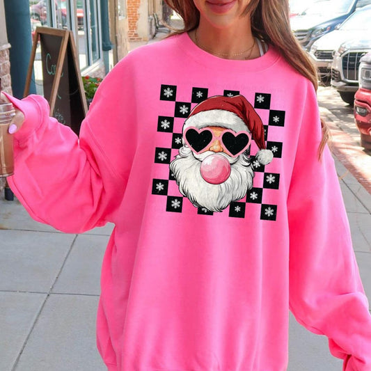Trendy Santa Bubblegum Sweatshirt | Cute Christmas Hoodie | Fun Checkered Santa Claus Print | Pink Holiday Pullover | Santa Sweater Gift