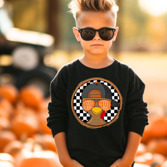 Kids Turkey Shirt Gobble Gobble | Cool Turkey Head with Hat and Sunglasses | Funny Thanksgiving Shirt for Kids | Turkey Graphic Tee
