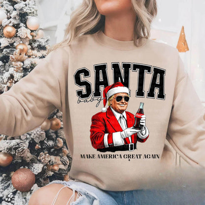Funny Trump Christmas Suit Graphic T-Shirt, Sweatshirt, or Hoodie - "SANTA Baby, Make America Great Again" with Soda