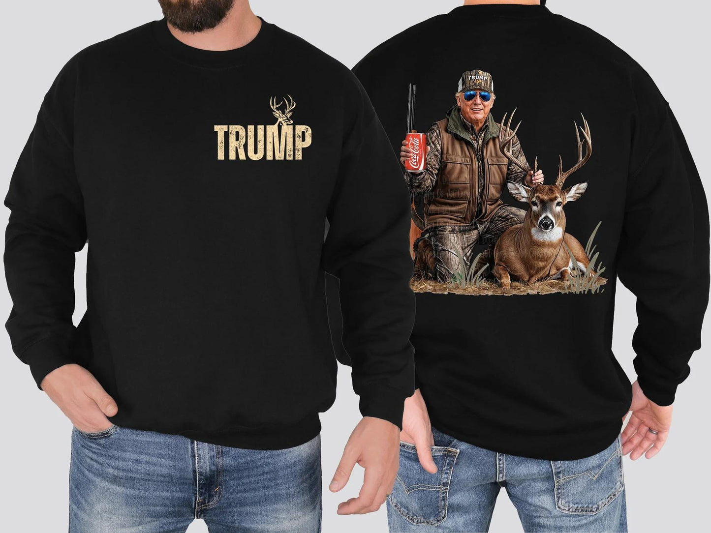 Trump Hunting Graphic Shirt – Deer Antler Logo on Front, Trump in Hunting Gear on Back – Adult & Kids Sizes, Patriotic Apparel