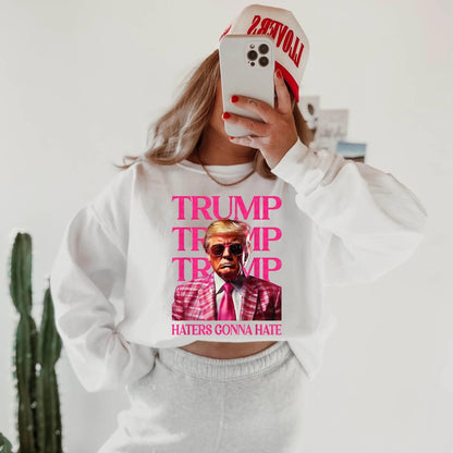 Trump 'Haters Gonna Hate' Shirt – Pink Suit & Shades Graphic, Bold Statement Apparel for Adults, Patriotic Design