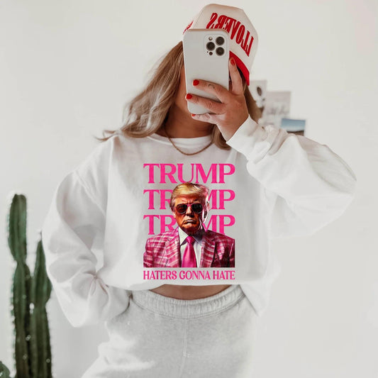 Trump 'Haters Gonna Hate' Shirt – Pink Suit & Shades Graphic, Bold Statement Apparel for Adults, Patriotic Design
