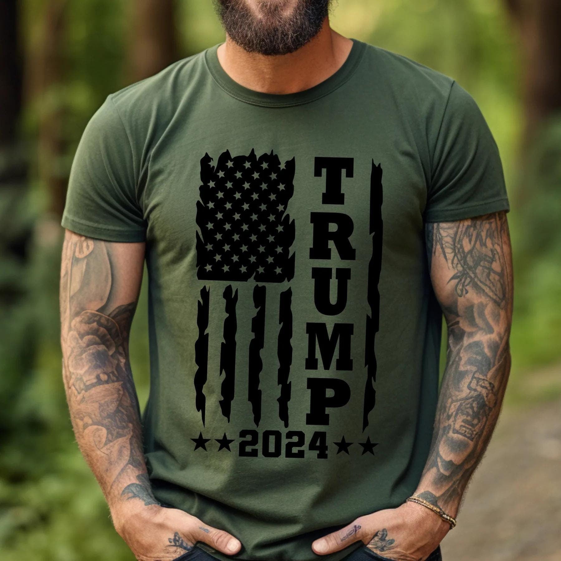 TRUMP 2024 Black Font US Flag Graphic Shirt – T-shirt, Sweatshirt, Hoodie for Trump Supporters