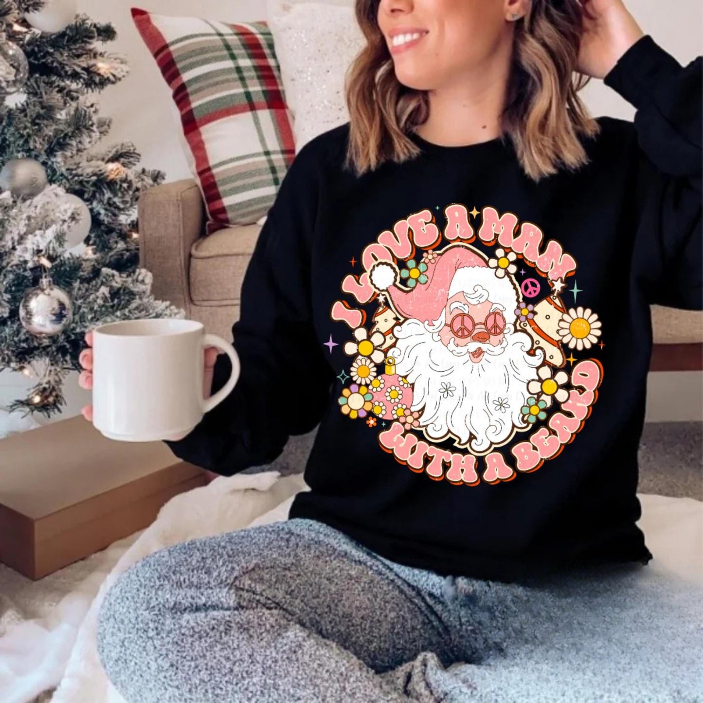 I Love a Man with a Beard – Santa Graphic Shirt, Sweatshirt, or Hoodie with Floral Design