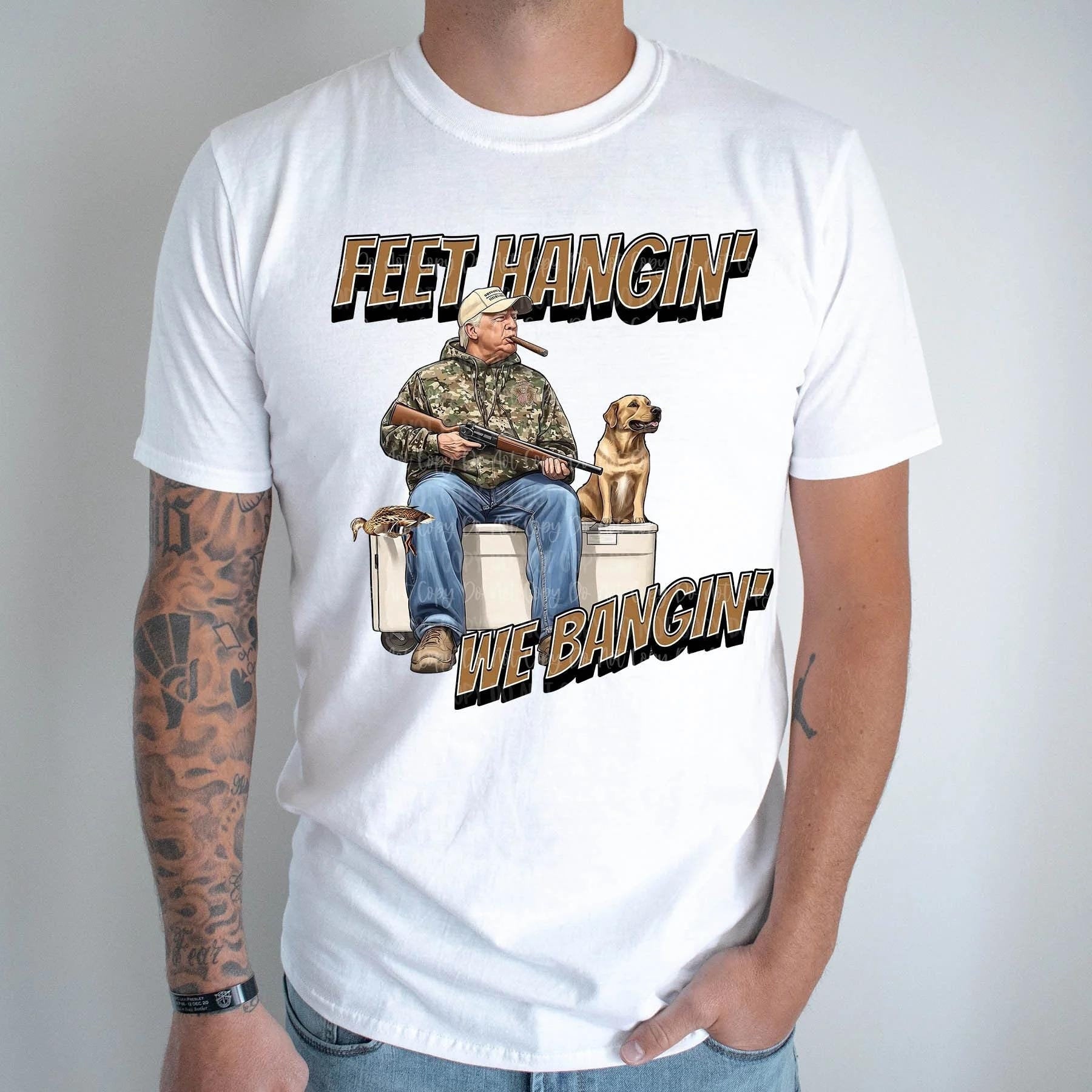 Trump Hunting Graphic Tee, Sweatshirt, or Hoodie - 'Feet Hangin' We Bangin'' with Dog & Cigar - Patriotic Outdoor Apparel