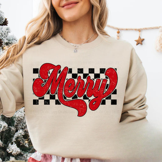 Merry Checkered Christmas Shirt, Plaid Holiday T-Shirt, Sweatshirt, Hoodie - Festive Winter Graphic Tee for Christmas Cheer