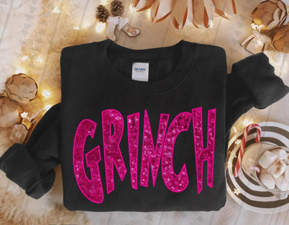 GRINCH Faux Sequin Pink T-Shirt, Sweatshirt, or Hoodie | Sparkly Grinch Holiday Apparel