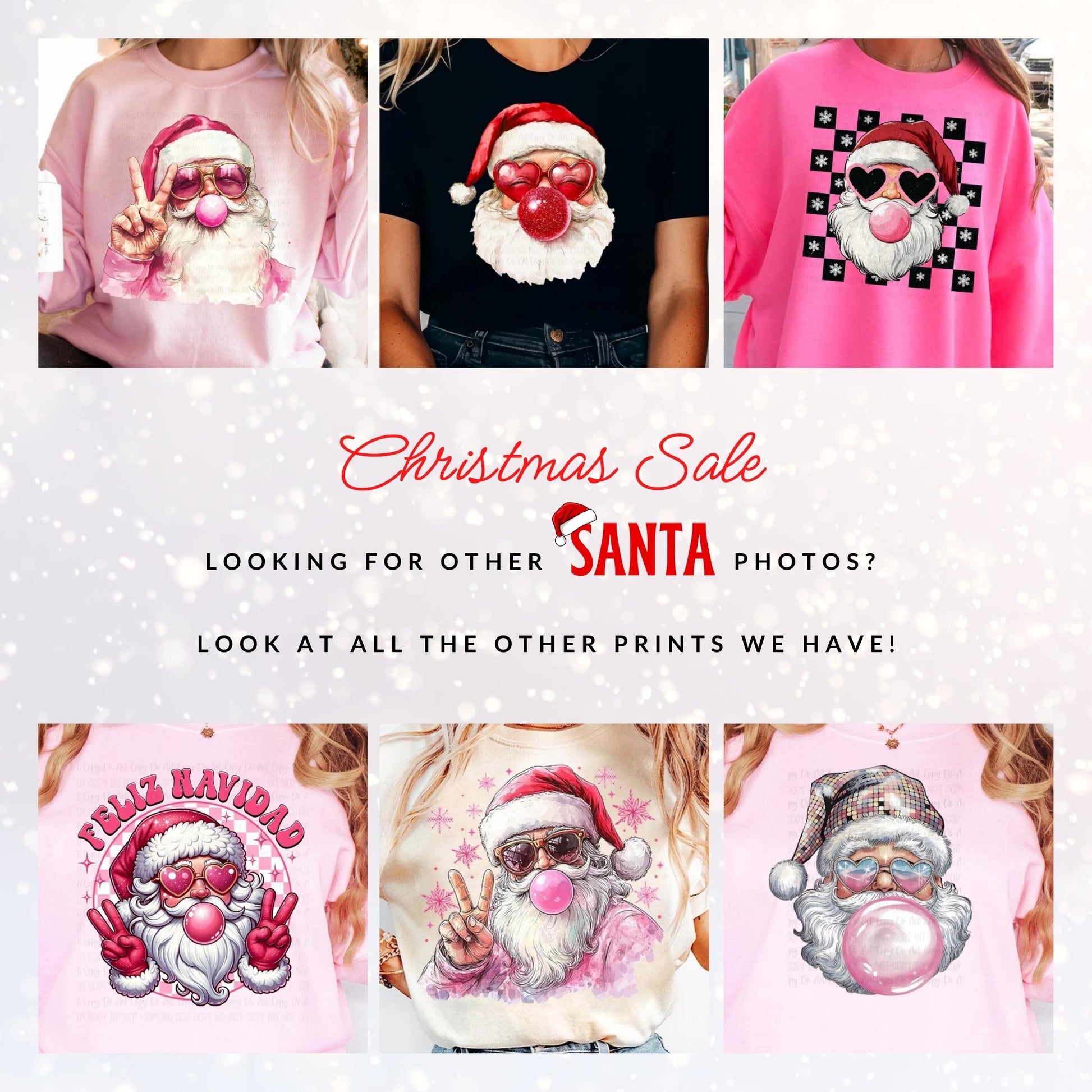 Cool Santa Peace Sign Graphic T-Shirt, Sweatshirt, or Hoodie – Santa with Shades, Bubble Gum, and Pink Snowflakes Design