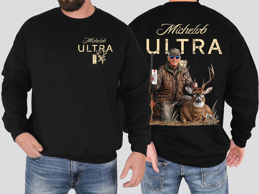 Michelob Ultra Hunting Trump Hoodie, T-Shirt, or Sweatshirt | Front Pocket Deer Print & Bold Back Hunting Scene