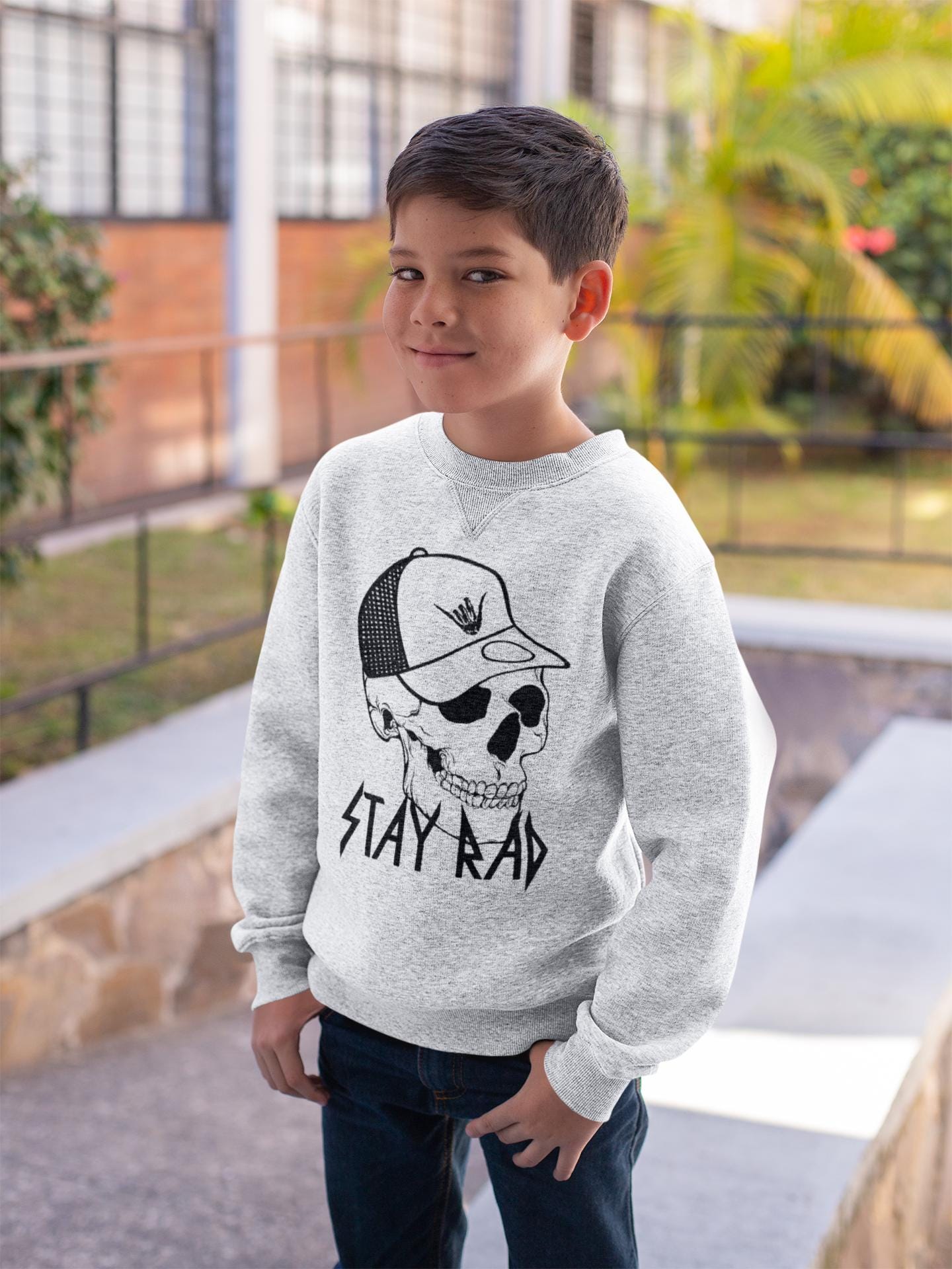 Kids "Stay Rad" Skull Graphic T-Shirt, Sweatshirt, or Hoodie – Cool Skull Design with Hang Loose Hat