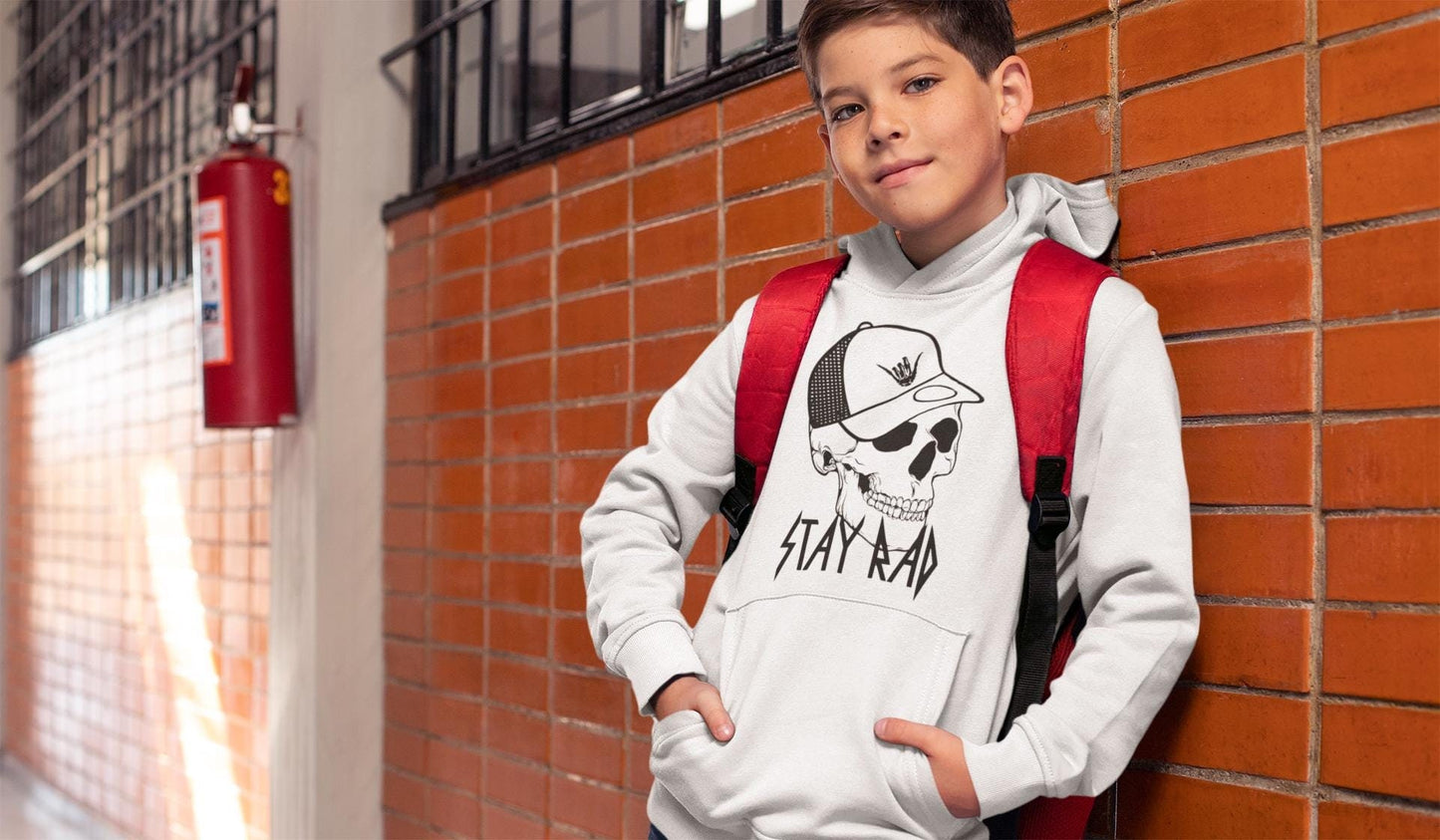 Kids "Stay Rad" Skull Graphic T-Shirt, Sweatshirt, or Hoodie – Cool Skull Design with Hang Loose Hat