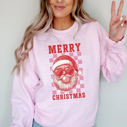 Merry Christmas Graphic Shirt, Hoodie, or Sweatshirt – Santa with Heart Sunglasses, Bubble Gum, and Checkered Background
