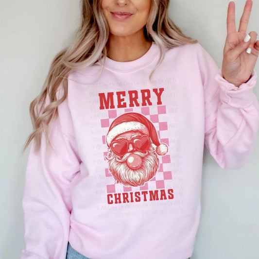 Merry Christmas Graphic Shirt, Hoodie, or Sweatshirt – Santa with Heart Sunglasses, Bubble Gum, and Checkered Background