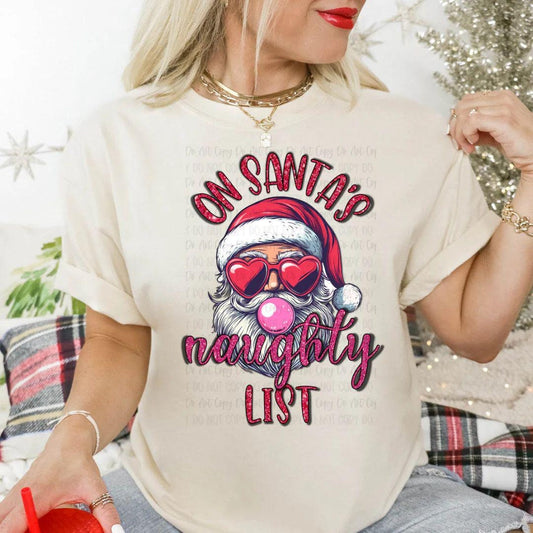 Santa's Naughty List Shirt, Hoodie, or Sweatshirt - Fun Christmas Graphic with Santa Heart Sunglasses and Bubble Gum