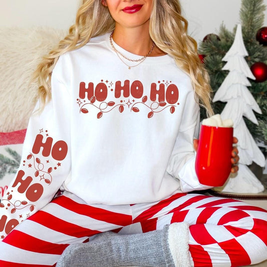 HO HO HO Christmas Graphic Tee, Sweatshirt, or Hoodie with Red Lights Design