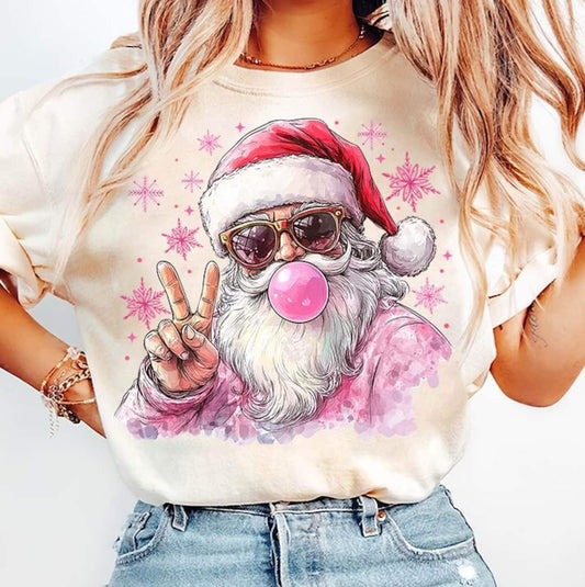 Cool Santa Peace Sign Graphic T-Shirt, Sweatshirt, or Hoodie – Santa with Shades, Bubble Gum, and Pink Snowflakes Design