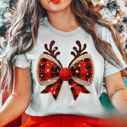 Sparkly Christmas Ribbon with Reindeer Horns Graphic - Festive T-Shirt, Sweatshirt, or Hoodie for the Holiday Season