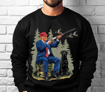 Trump Duck Hunting Graphic Shirt, Hoodie, or Sweatshirt – Unique Trump & Dog Hunting Scene, Patriotic Outdoor Apparel