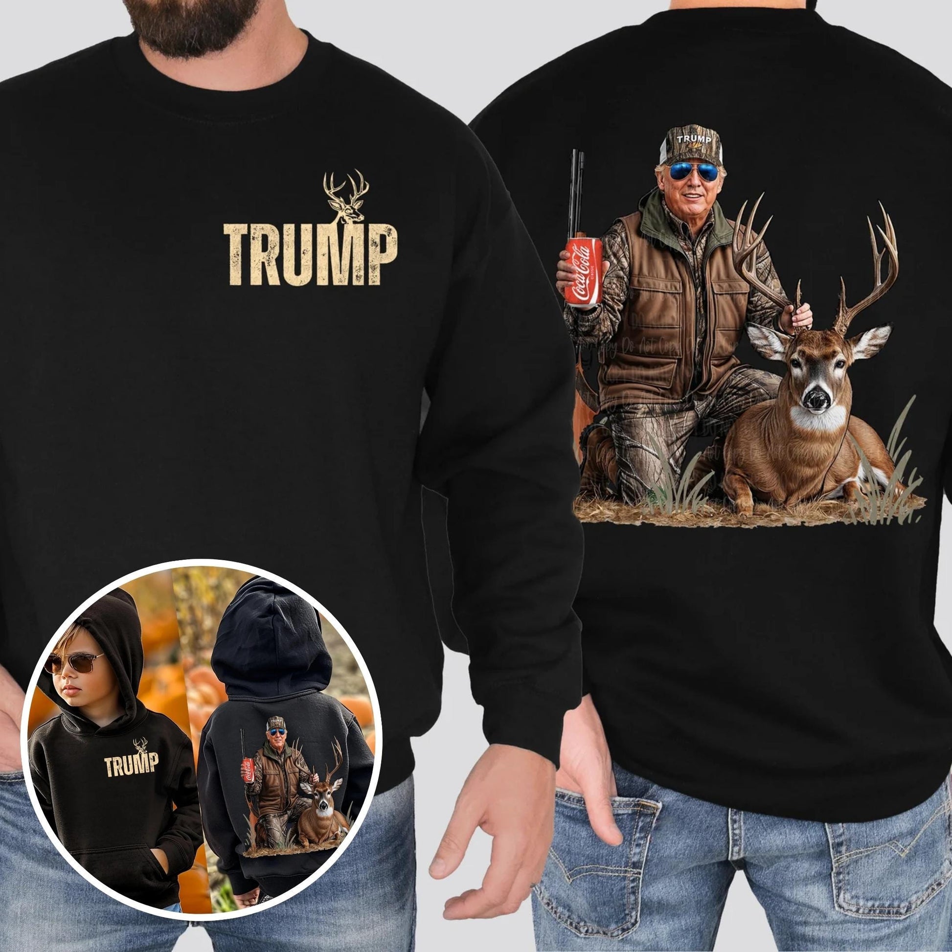 Trump Hunting Graphic Shirt – Deer Antler Logo on Front, Trump in Hunting Gear on Back – Adult & Kids Sizes, Patriotic Apparel