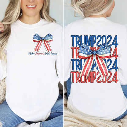 Make America Great Again Bow Shirt – Trump 2024 Ribbon Graphic – T-shirt, Sweatshirt, Hoodie – Patriotic Design