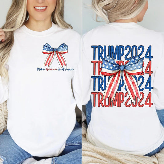 Make America Great Again Bow Shirt – Trump 2024 Ribbon Graphic – T-shirt, Sweatshirt, Hoodie – Patriotic Design
