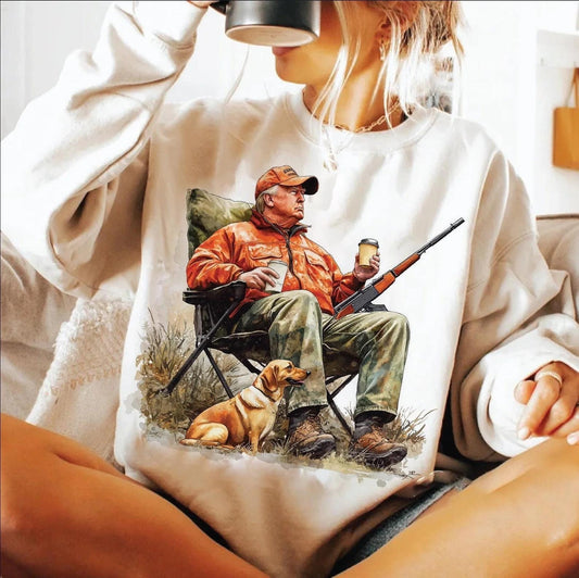 Trump Hunting Gear Graphic Shirt – Trump with Dog & Coffee Cup, T-shirt, Sweatshirt, Hoodie