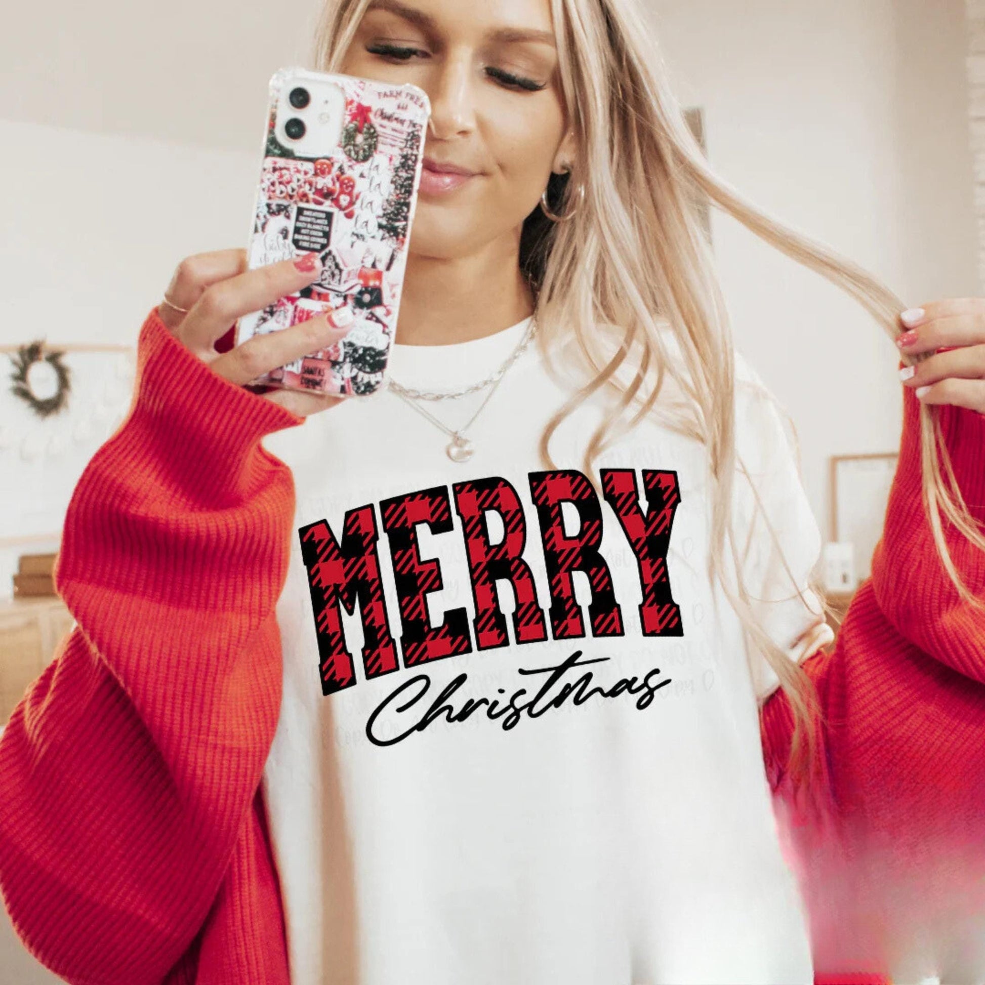 Checkered 'Merry' Christmas Shirt, Plaid Holiday Graphic Tee, Festive T-Shirt, Sweatshirt, or Hoodie - Cozy Winter Apparel