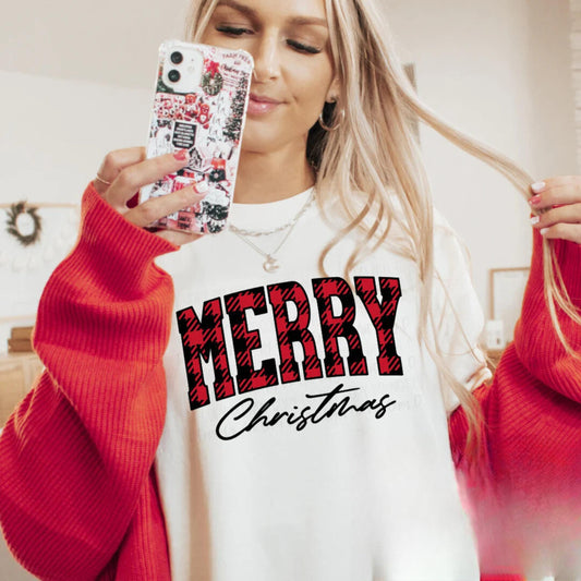 Checkered 'Merry' Christmas Shirt, Plaid Holiday Graphic Tee, Festive T-Shirt, Sweatshirt, or Hoodie - Cozy Winter Apparel