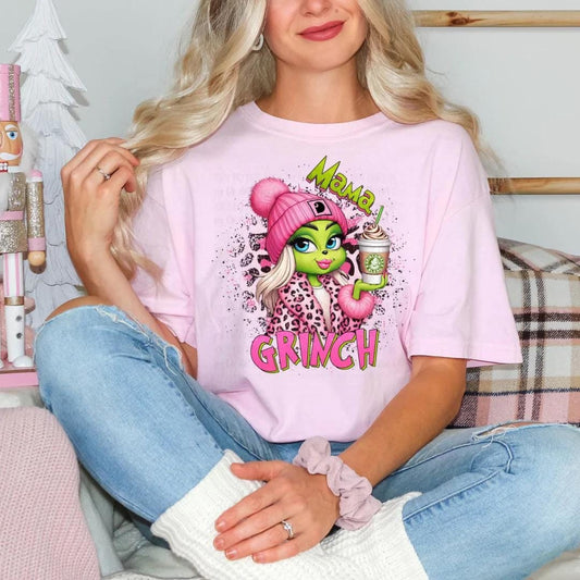 Pink Mama Grinch Shirt, Holiday Tee with Grinch Holding Coffee, Sweatshirt or Hoodie, Festive Gift for Moms