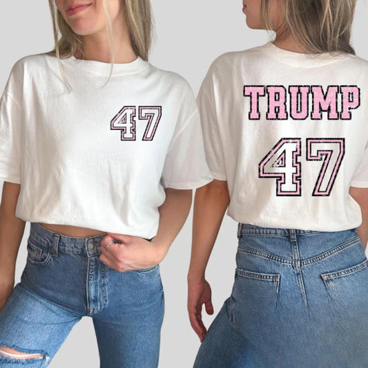 Trump 47 Pocket Print T-Shirt, Sweatshirt, or Hoodie | Front Pocket 47 Design & Bold Trump 47 Back Graphic