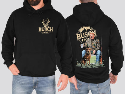 Busch Light Hunting Trump Hoodie, T-Shirt, or Sweatshirt | Front Pocket Deer Print & Bold Back Hunting Scene